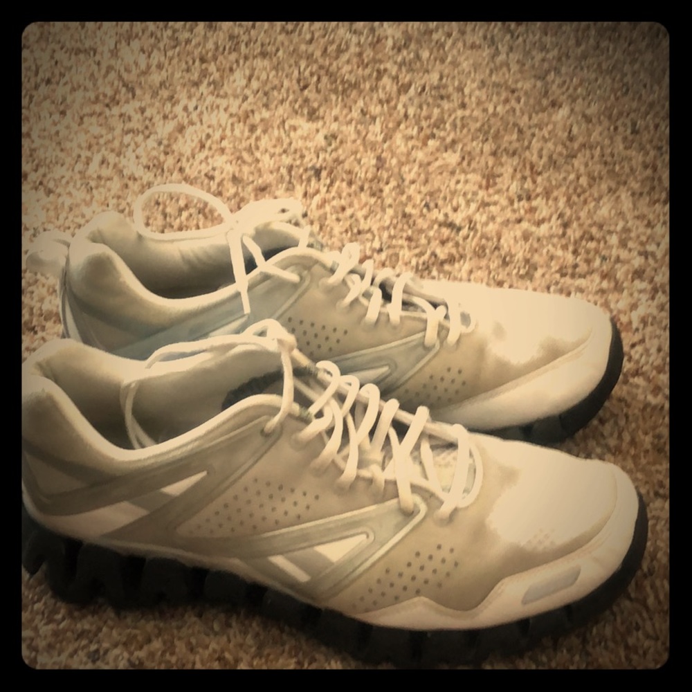 White/gray, men’s size 13 Reebok Zigs